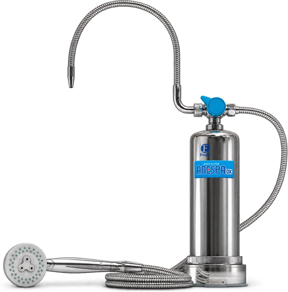 The ANESPA DX unit with its hose and handheld shower head